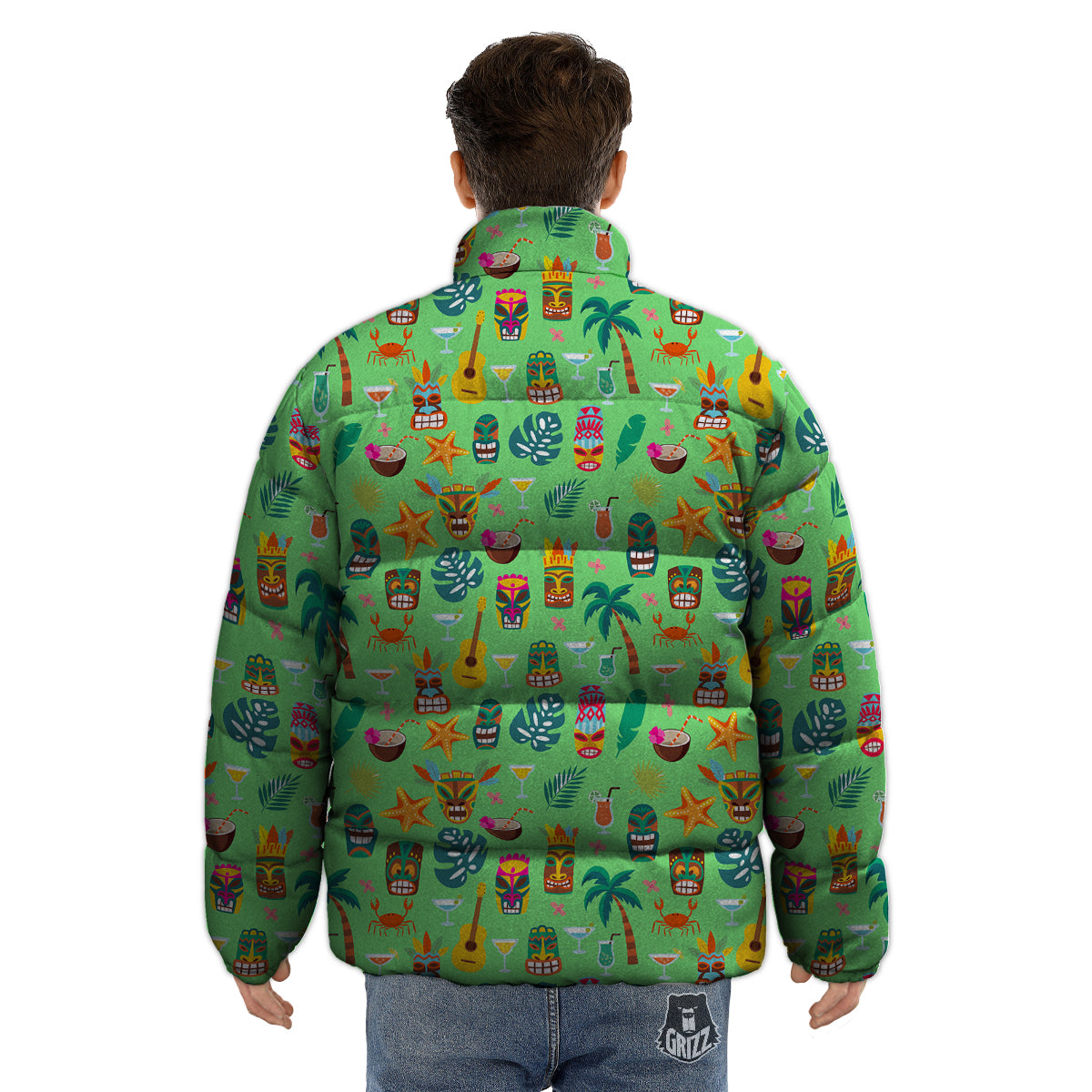 Tiki Colorful Print Pattern Puffer Jacket-grizzshop
