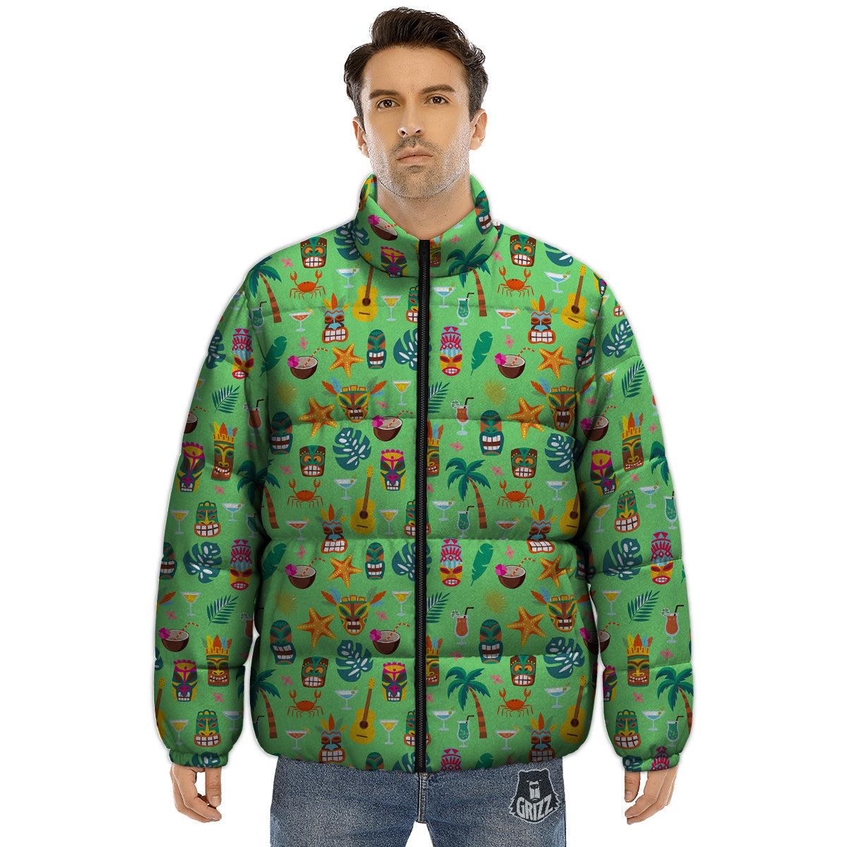 Tiki Colorful Print Pattern Puffer Jacket-grizzshop