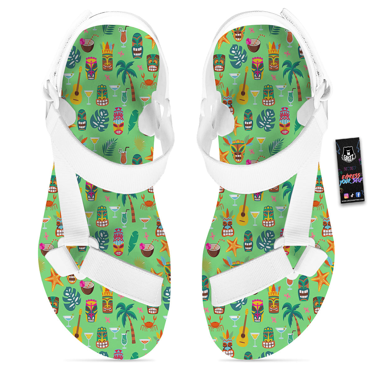 Tiki Colorful Print Pattern White Open Toe Sandals-grizzshop
