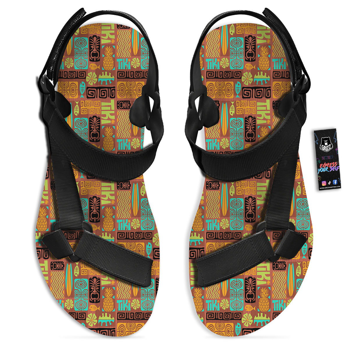 Tiki Ethnic Print Pattern Black Open Toe Sandals-grizzshop