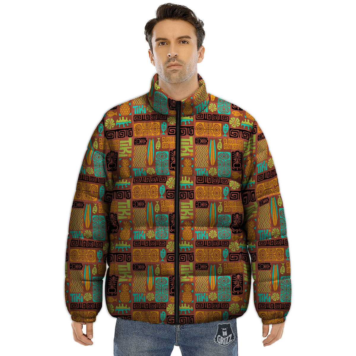 Tiki Ethnic Print Pattern Puffer Jacket-grizzshop