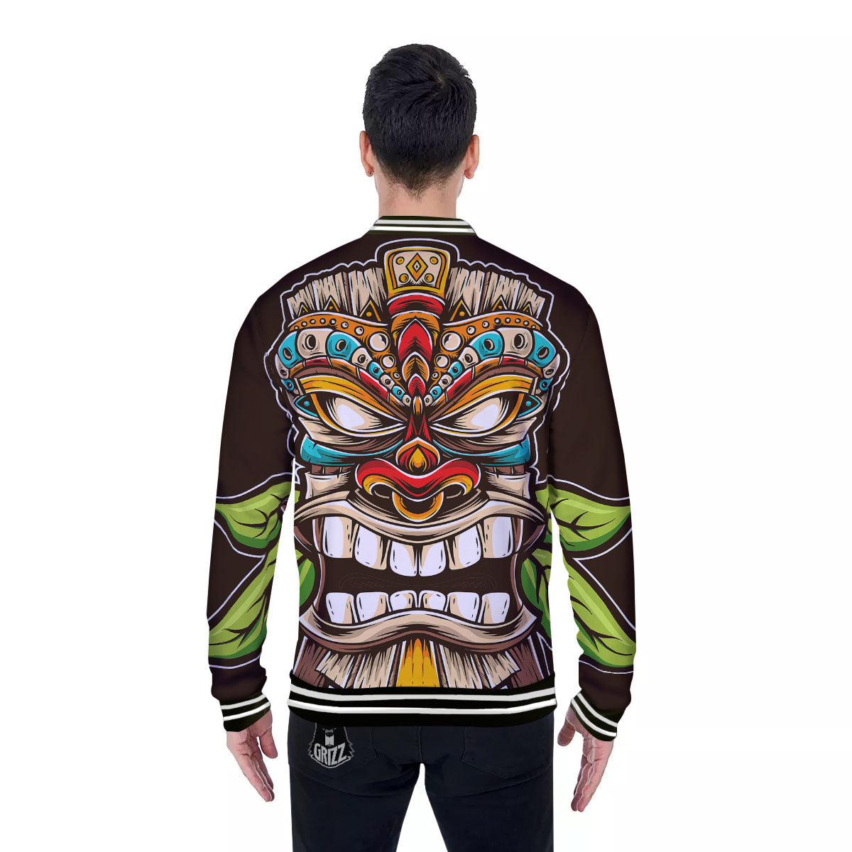 Tiki Hawaiian Print Baseball Jacket-grizzshop