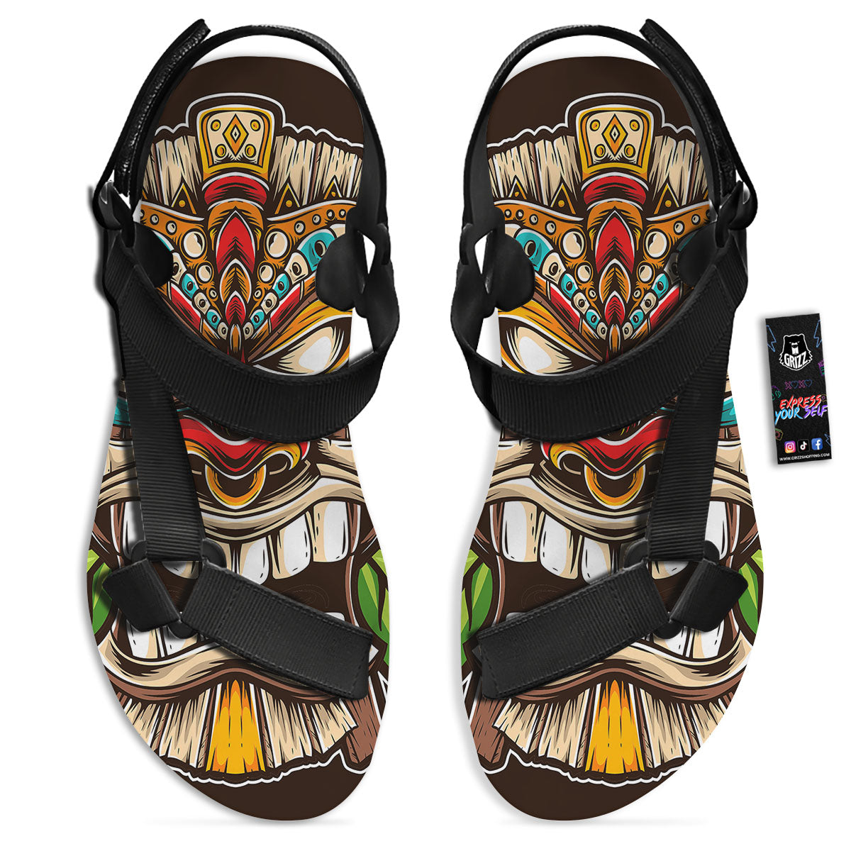 Tiki Hawaiian Print Black Open Toe Sandals-grizzshop