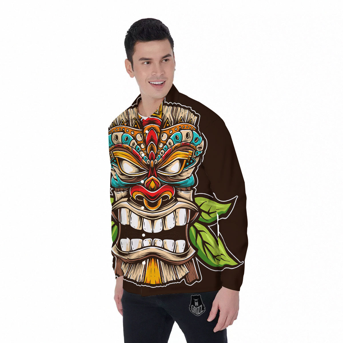 Tiki Hawaiian Print Men's Long Sleeve Shirts-grizzshop