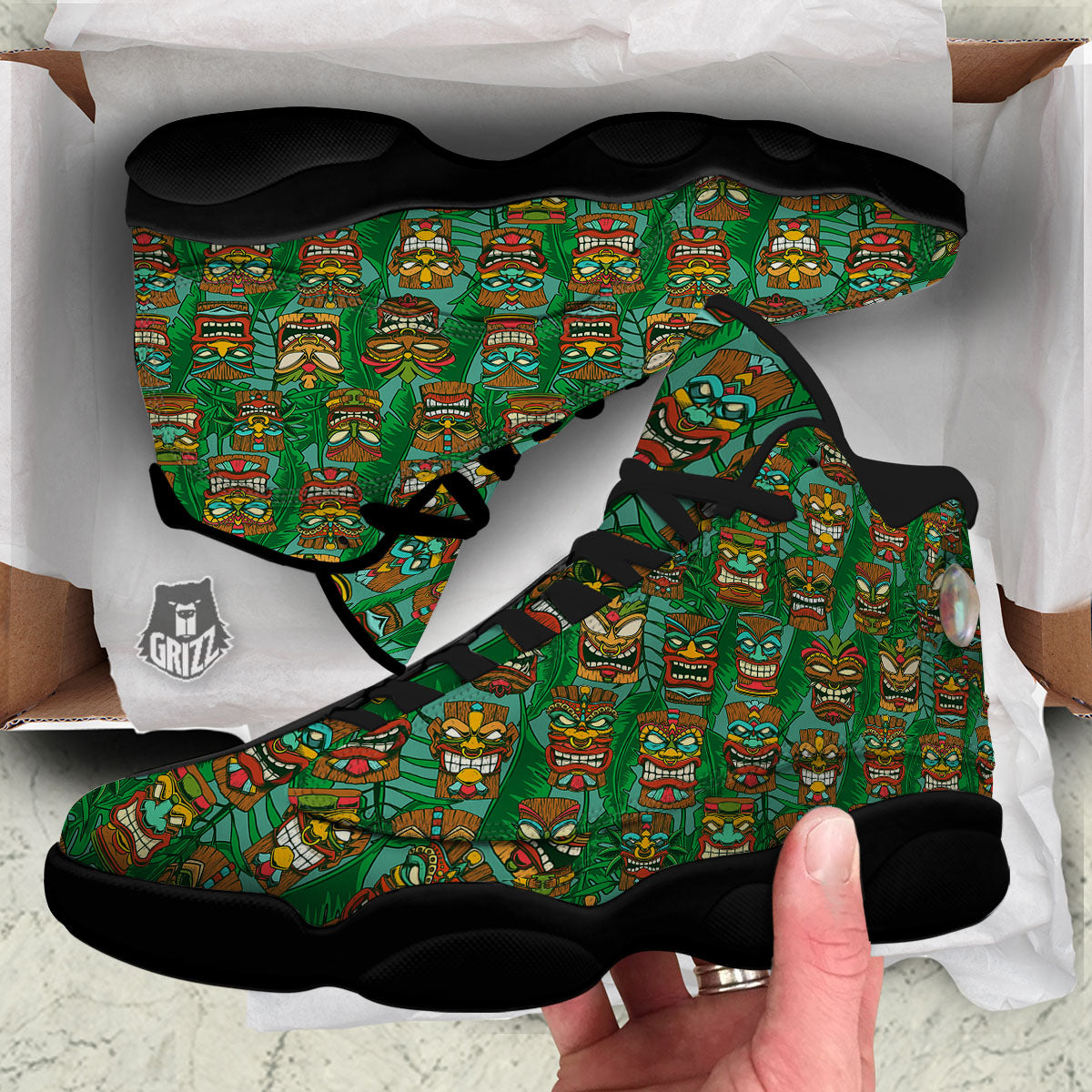Tiki Hawaiian Print Pattern Black Basketball Shoes-grizzshop
