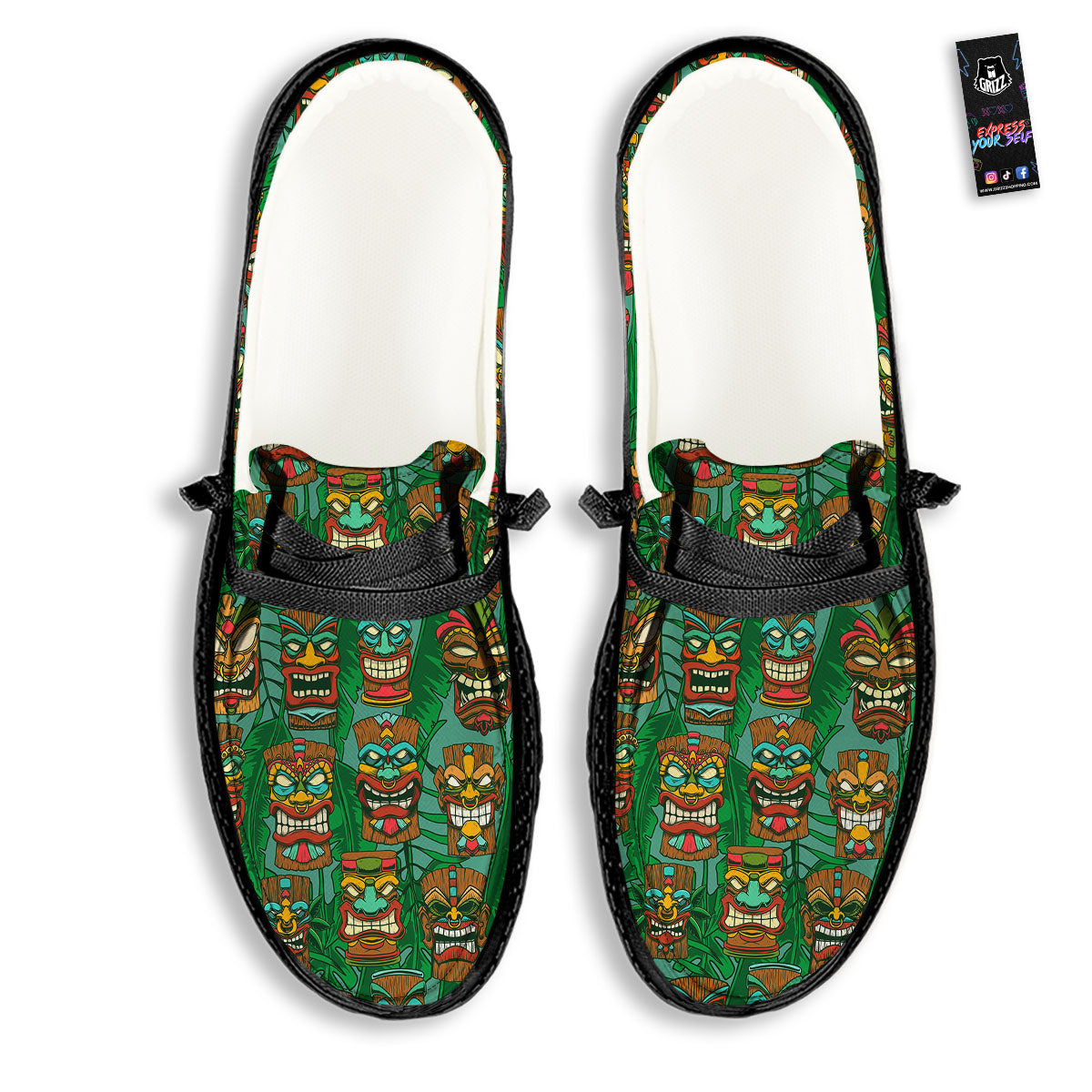 Tiki Hawaiian Print Pattern Black Loafers-grizzshop