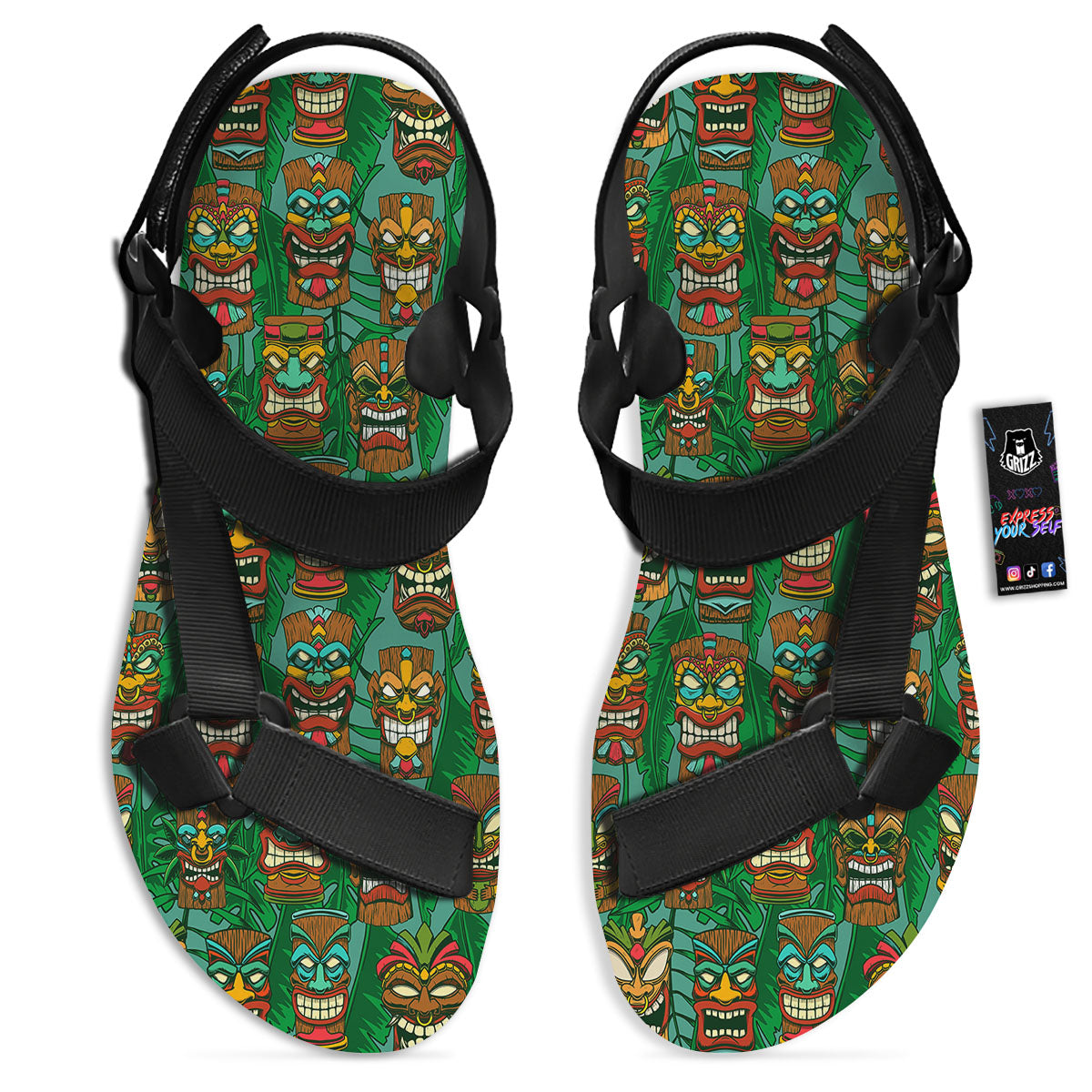 Tiki Hawaiian Print Pattern Black Open Toe Sandals-grizzshop