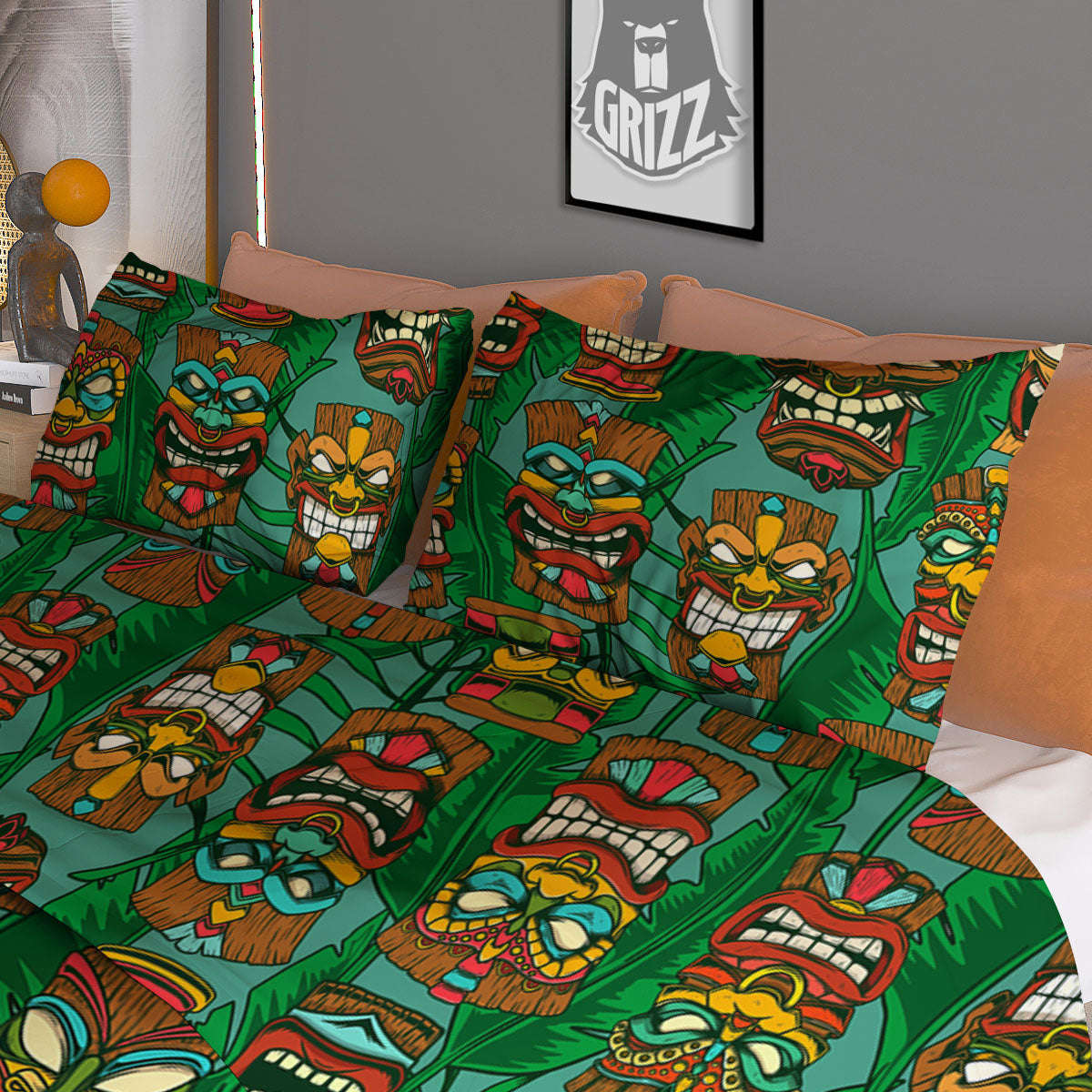 Tiki Hawaiian Print Pattern Duvet Cover Bedding Set