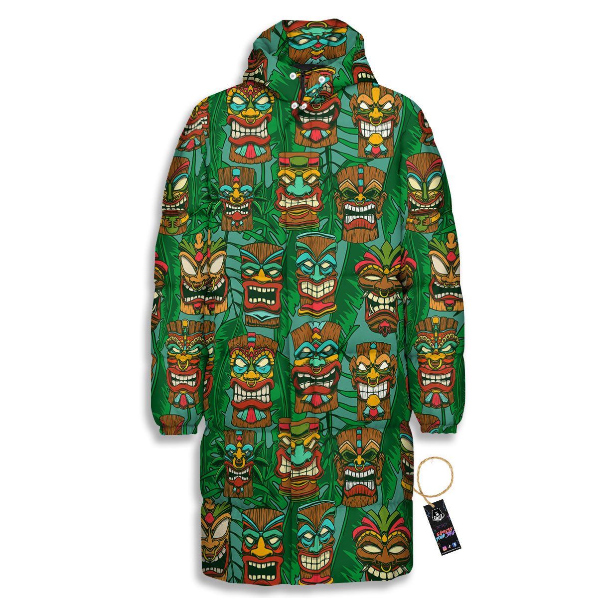 Tiki Hawaiian Print Pattern Long Down Jacket-grizzshop