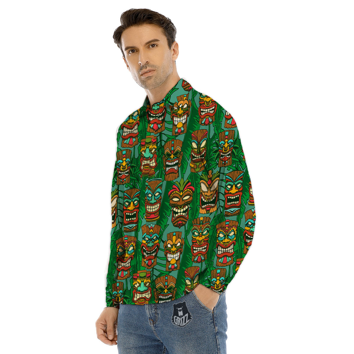 Tiki Hawaiian Print Pattern Men's Dress Shirts-grizzshop