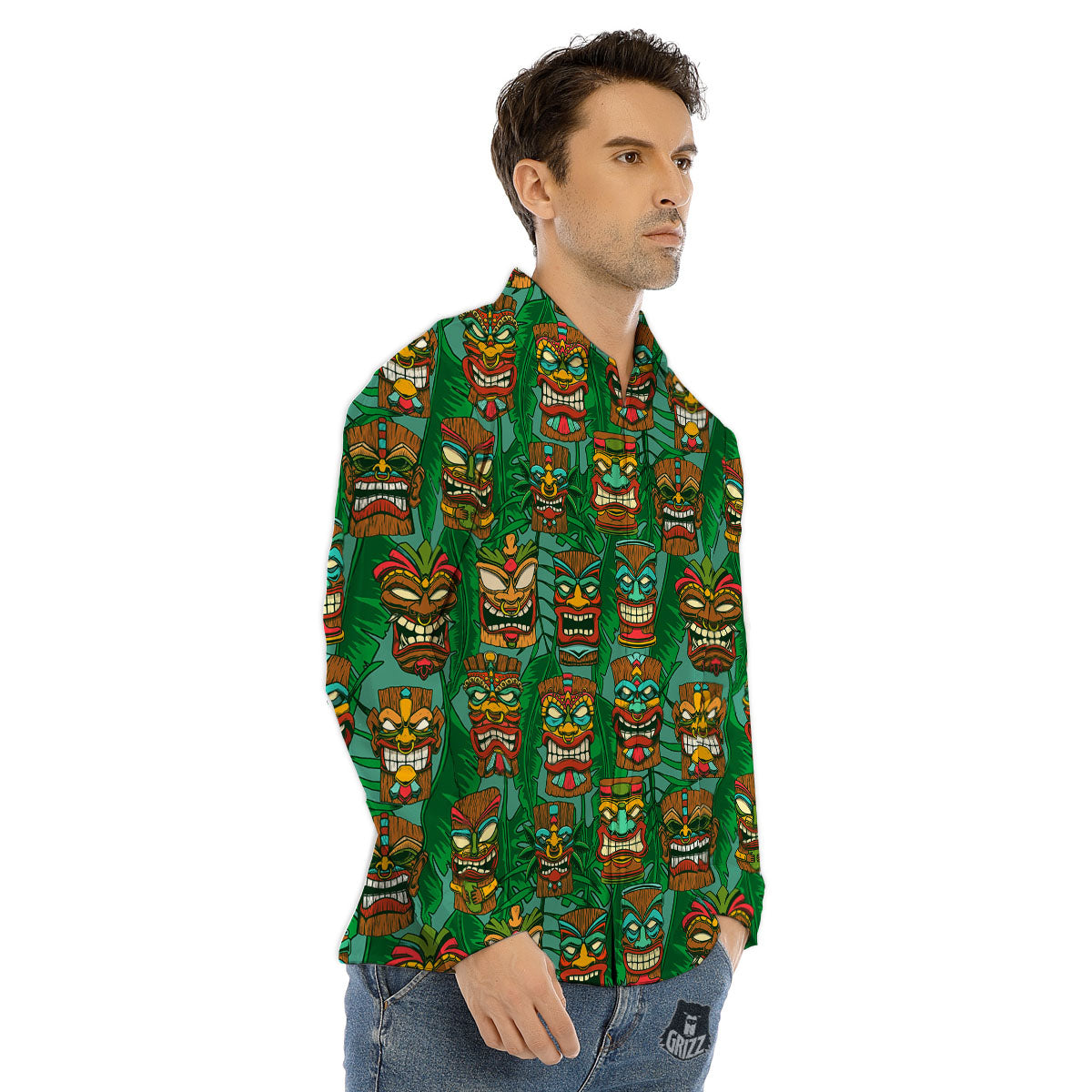 Tiki Hawaiian Print Pattern Men's Dress Shirts-grizzshop