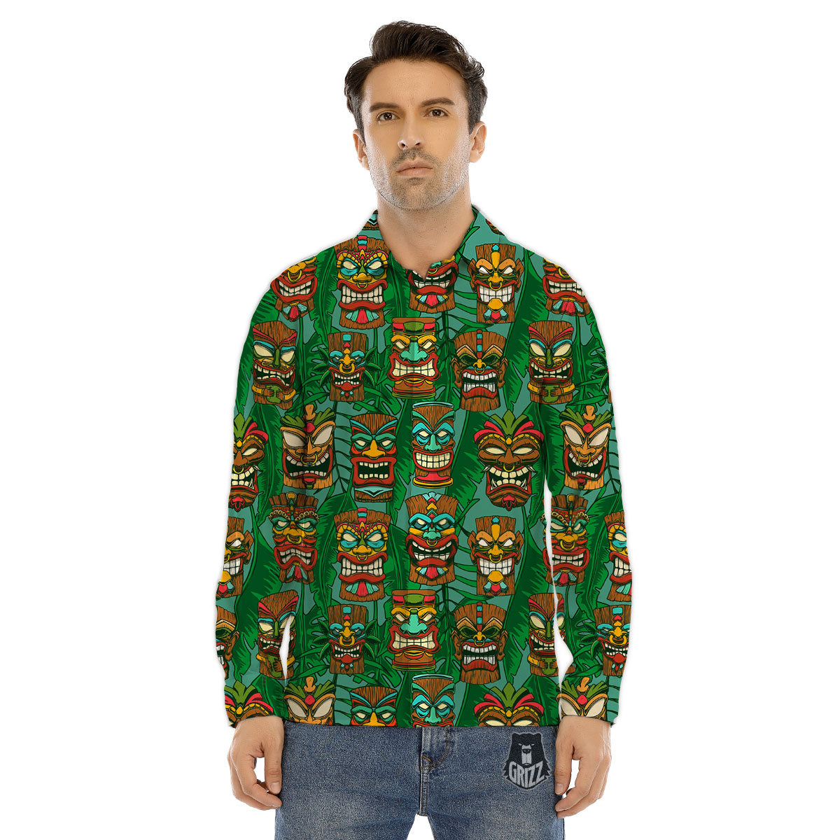 Tiki Hawaiian Print Pattern Men's Dress Shirts-grizzshop