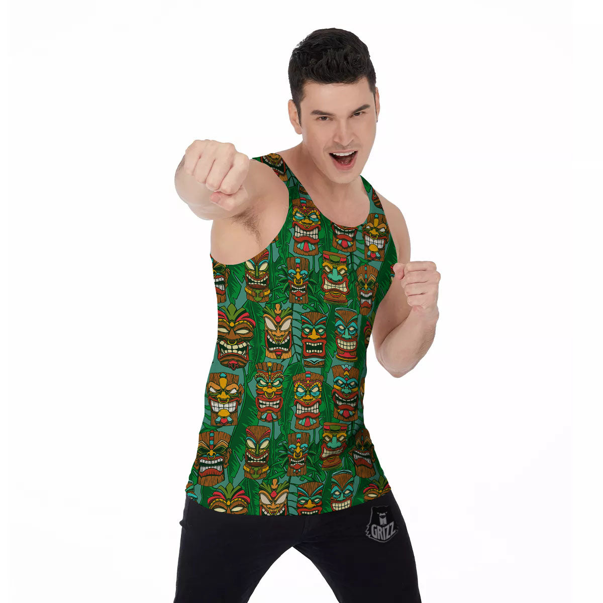 Tiki Hawaiian Print Pattern Men's Tank Top-grizzshop
