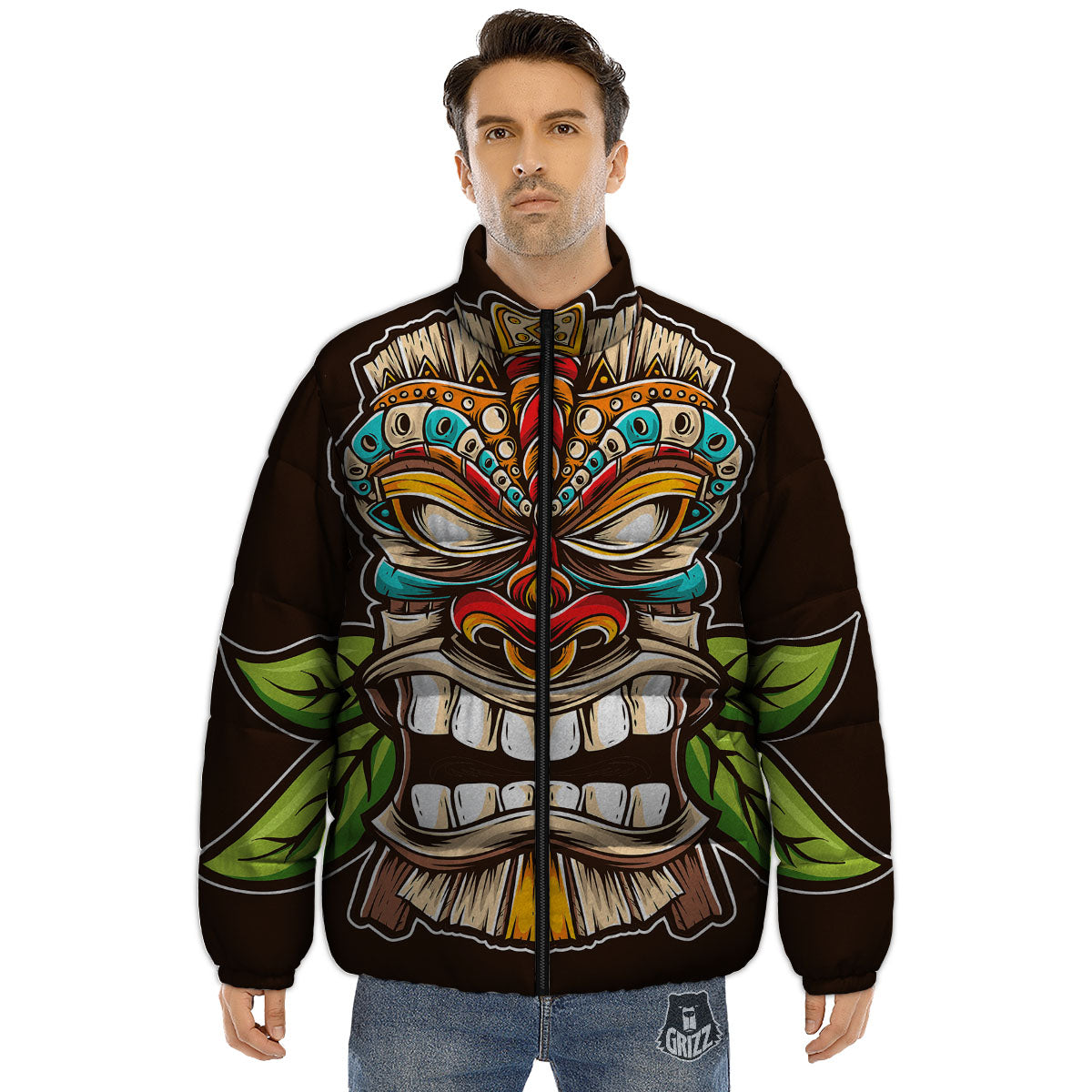 Tiki Hawaiian Print Puffer Jacket-grizzshop