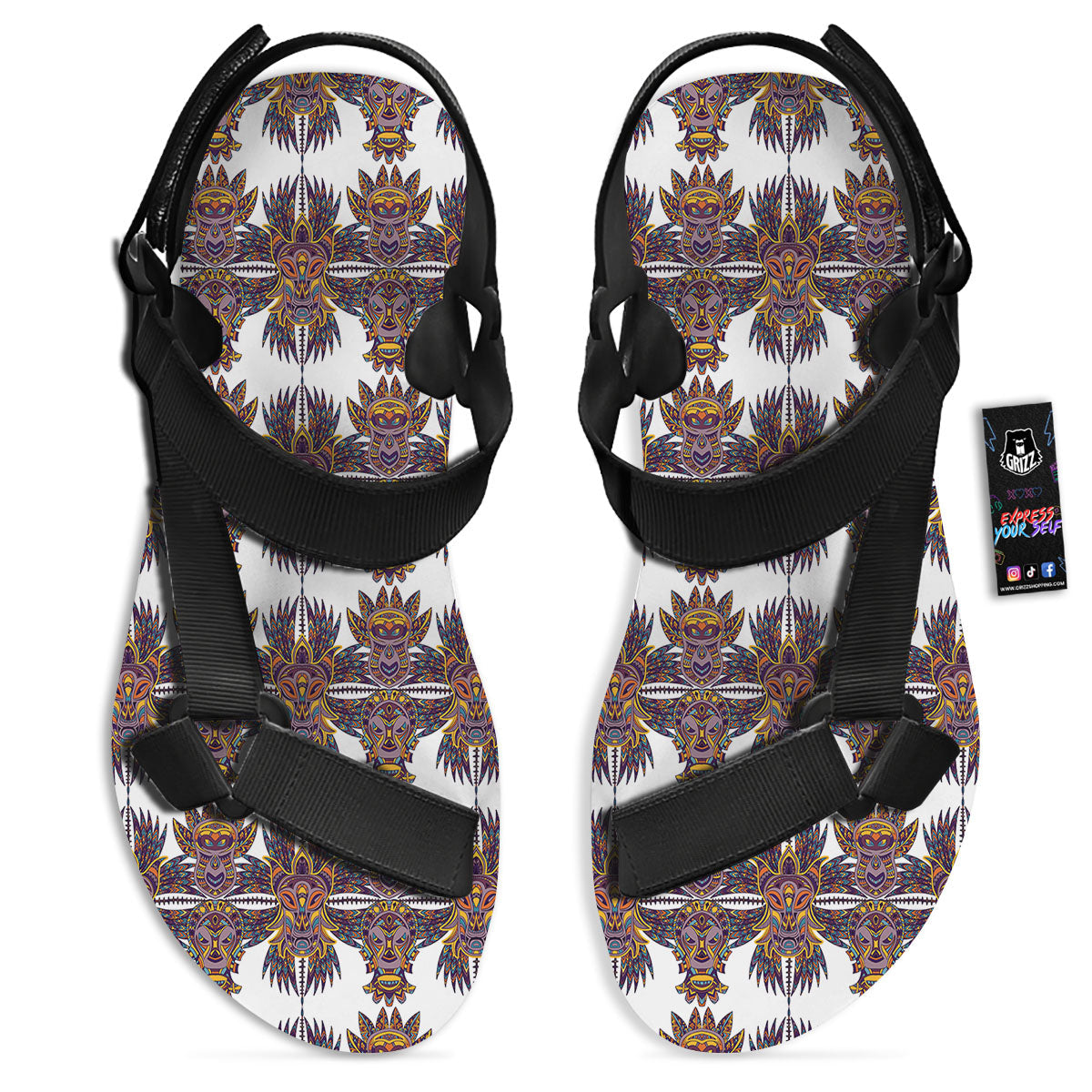 Tiki Mask Ornament Print Pattern Black Open Toe Sandals-grizzshop