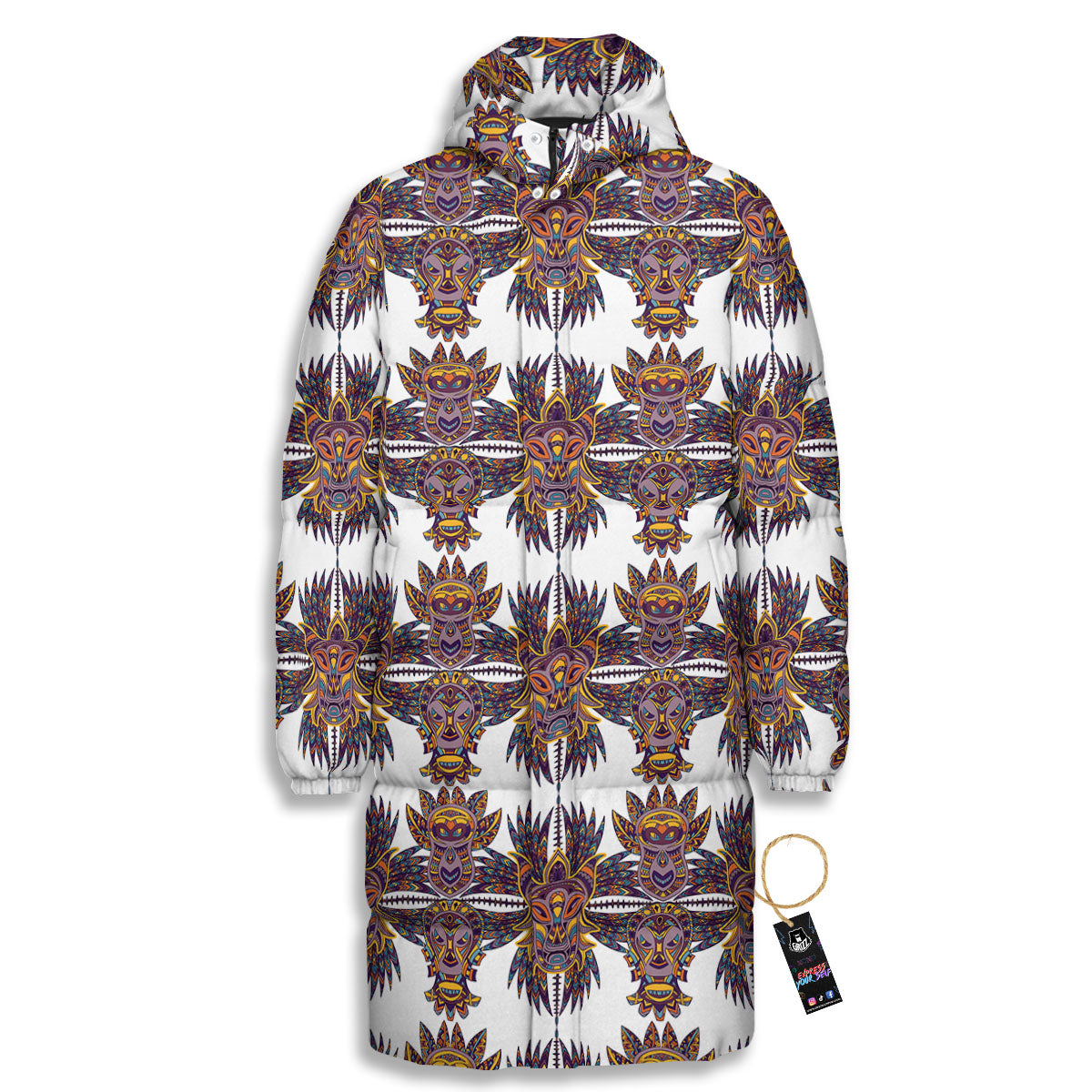 Tiki Mask Ornament Print Pattern Long Down Jacket-grizzshop