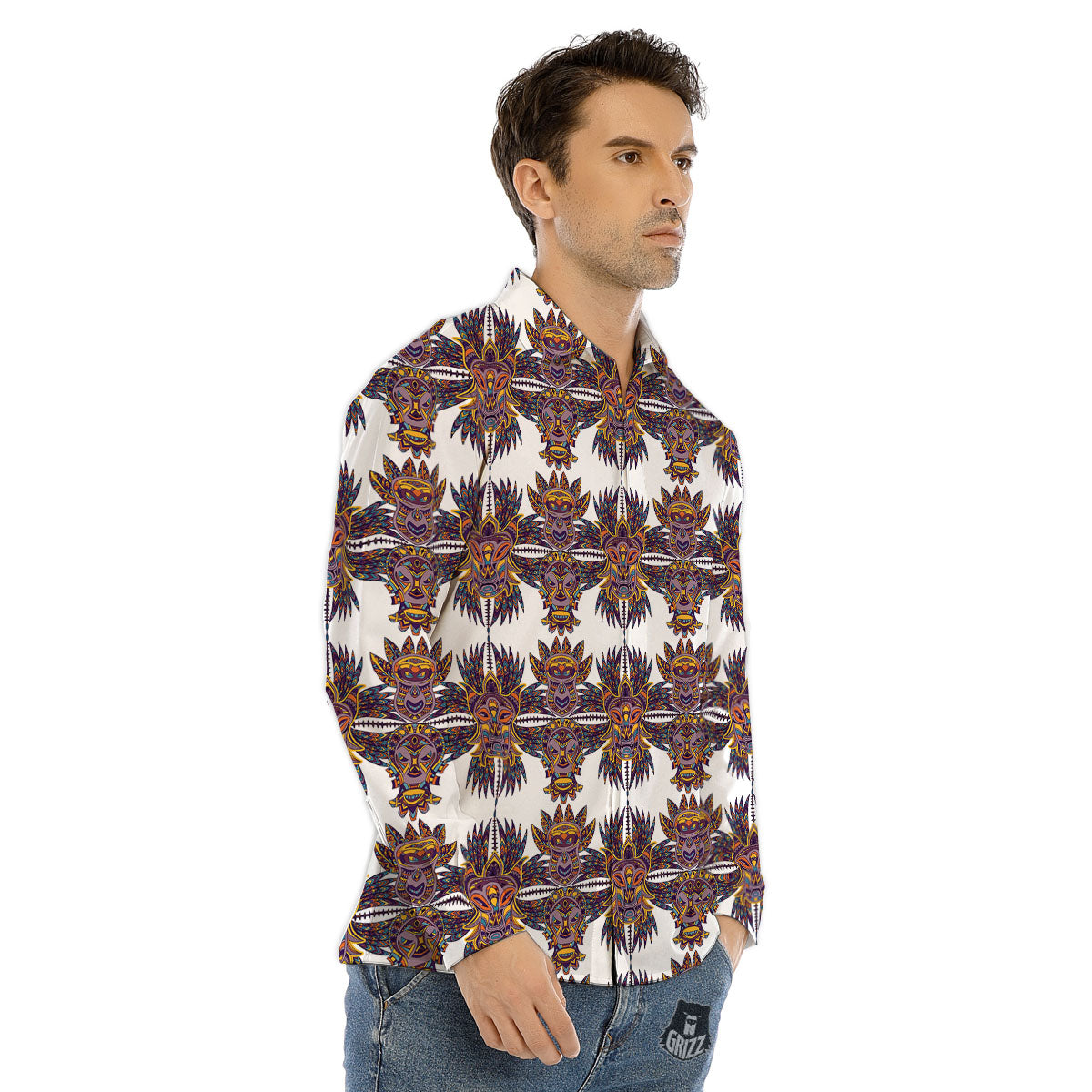 Tiki Mask Ornament Print Pattern Men's Dress Shirts-grizzshop