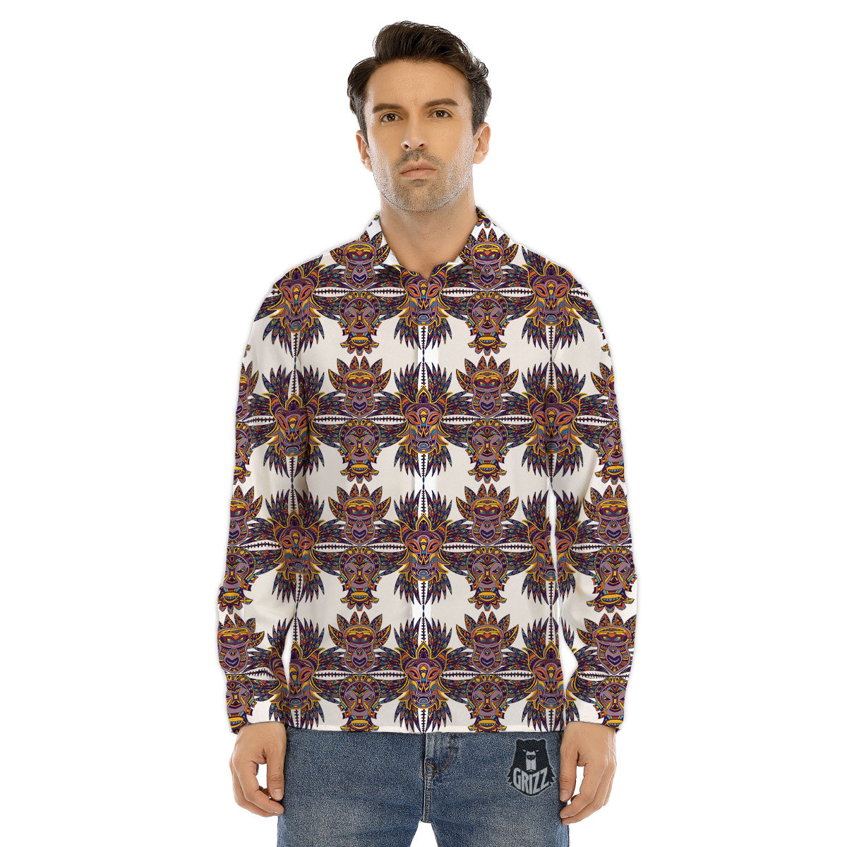 Tiki Mask Ornament Print Pattern Men's Dress Shirts-grizzshop
