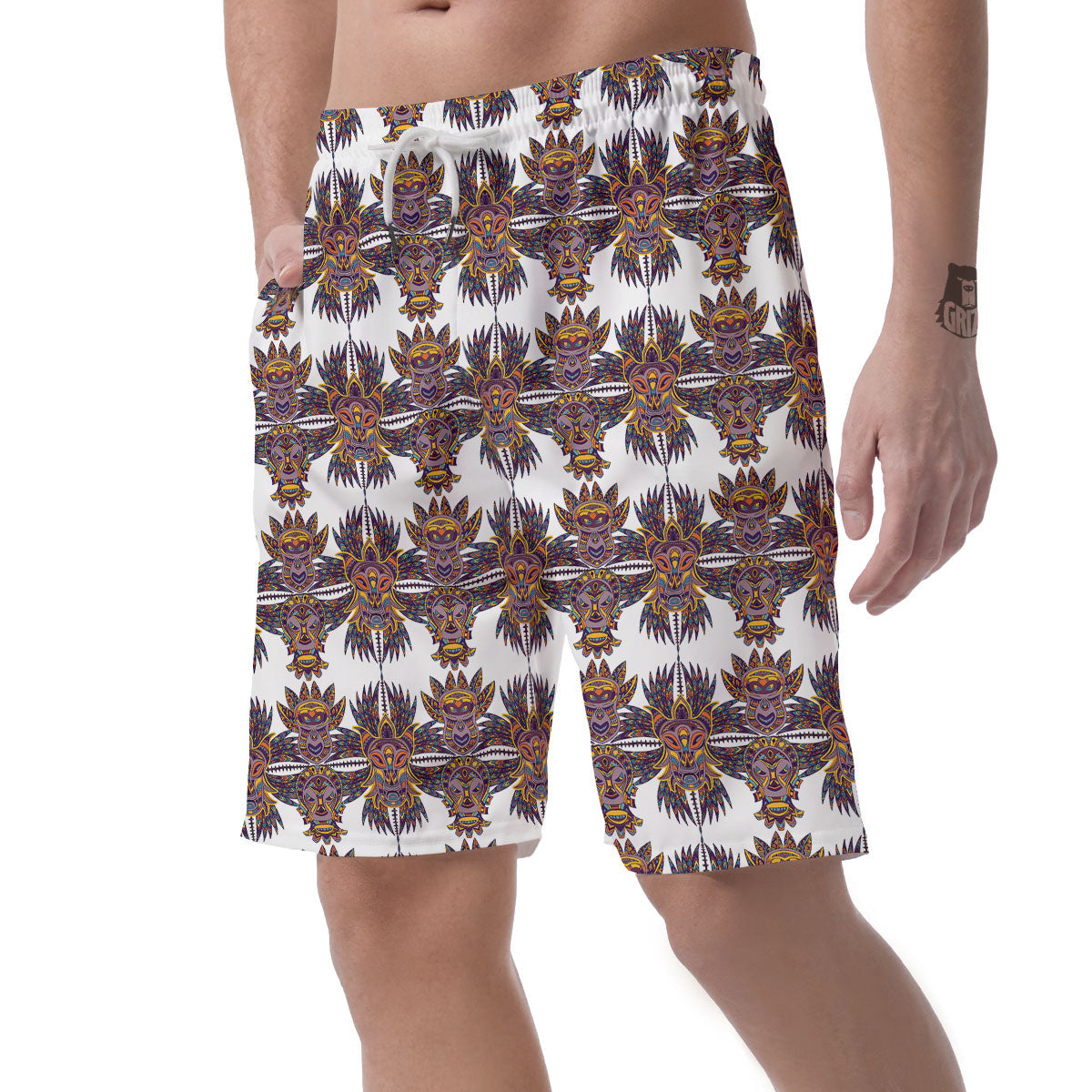 Tiki Mask Ornament Print Pattern Men's Shorts-grizzshop