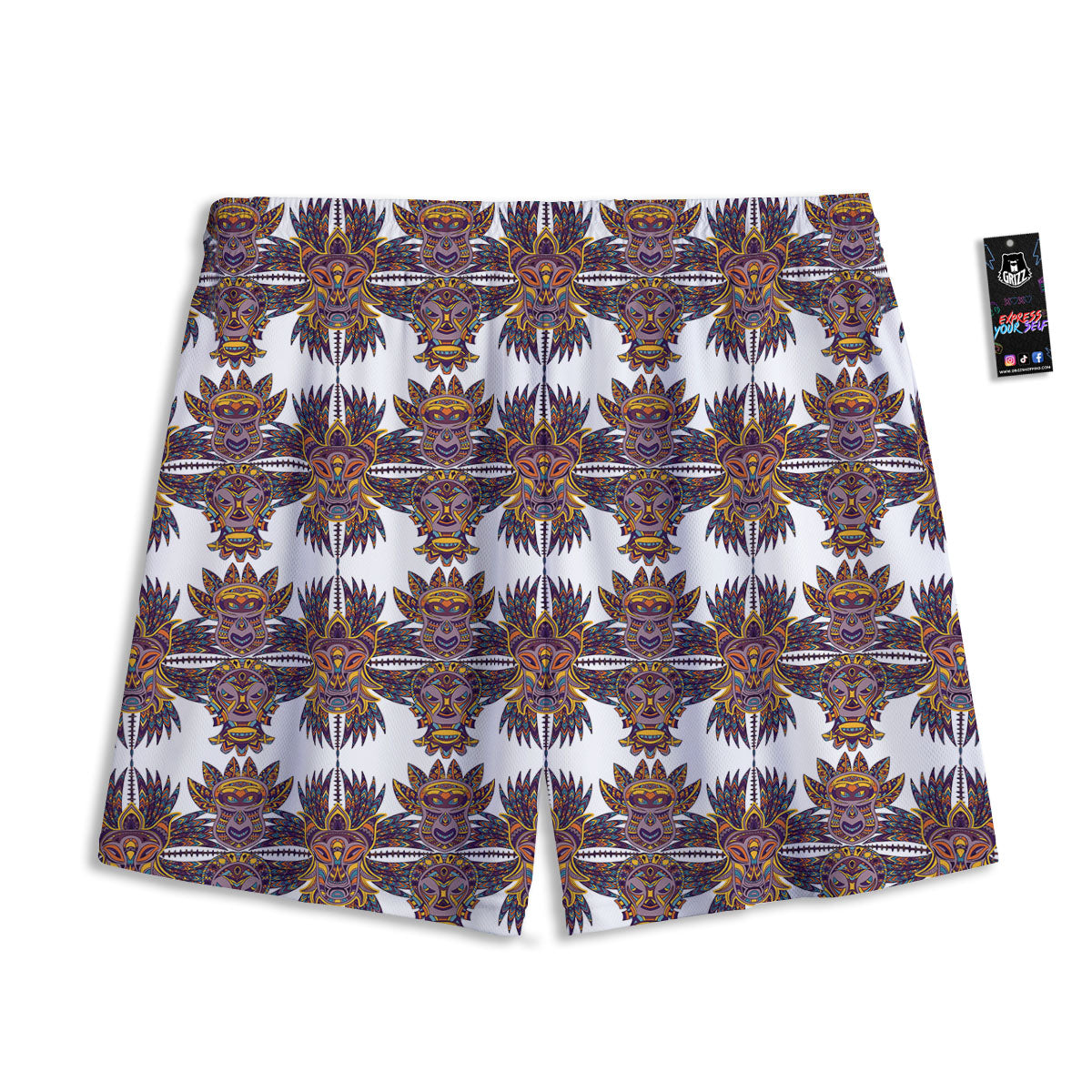 Tiki Mask Ornament Print Pattern Mesh Shorts