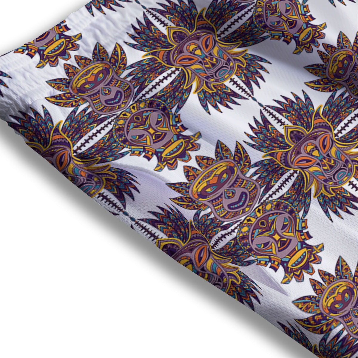 Tiki Mask Ornament Print Pattern Mesh Shorts