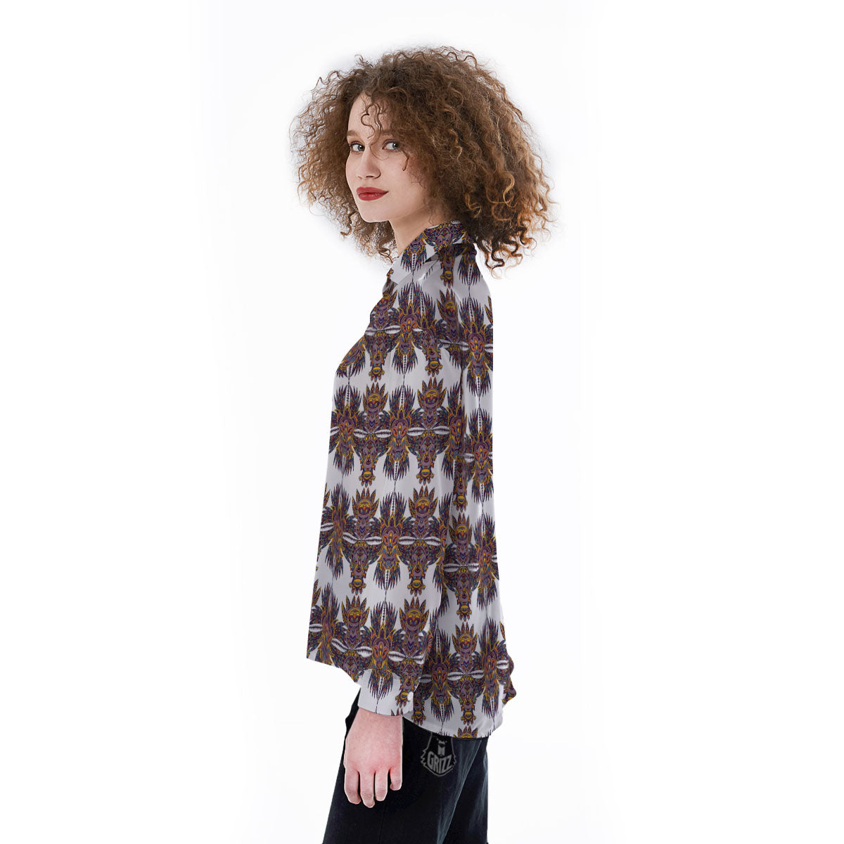 Tiki Mask Ornament Print Pattern Women's Long Sleeve Shirts-grizzshop