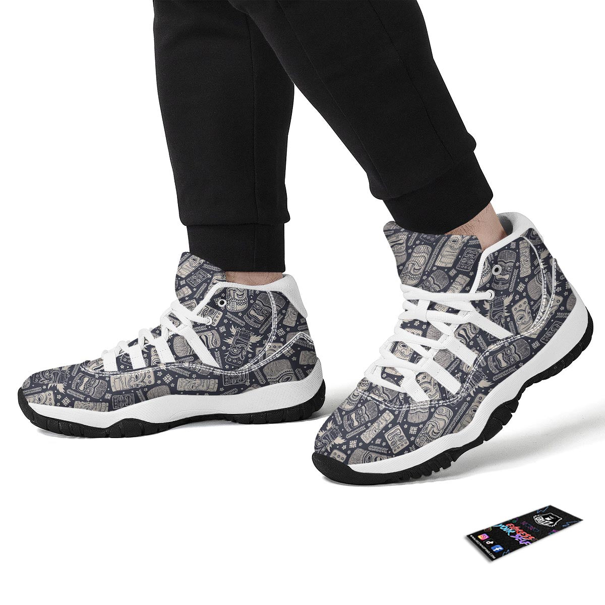 Tiki Pattern Print White Bball Shoes-grizzshop