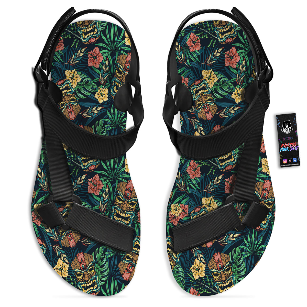 Tiki Tropical Print Pattern Black Open Toe Sandals-grizzshop