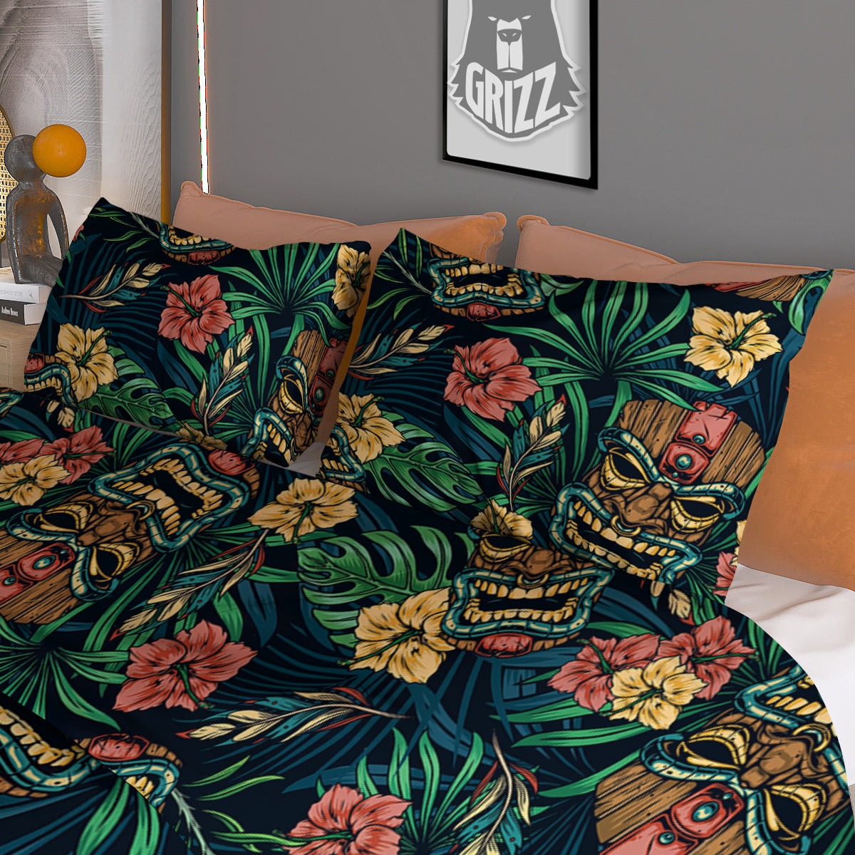 Tiki Tropical Print Pattern Duvet Cover Bedding Set