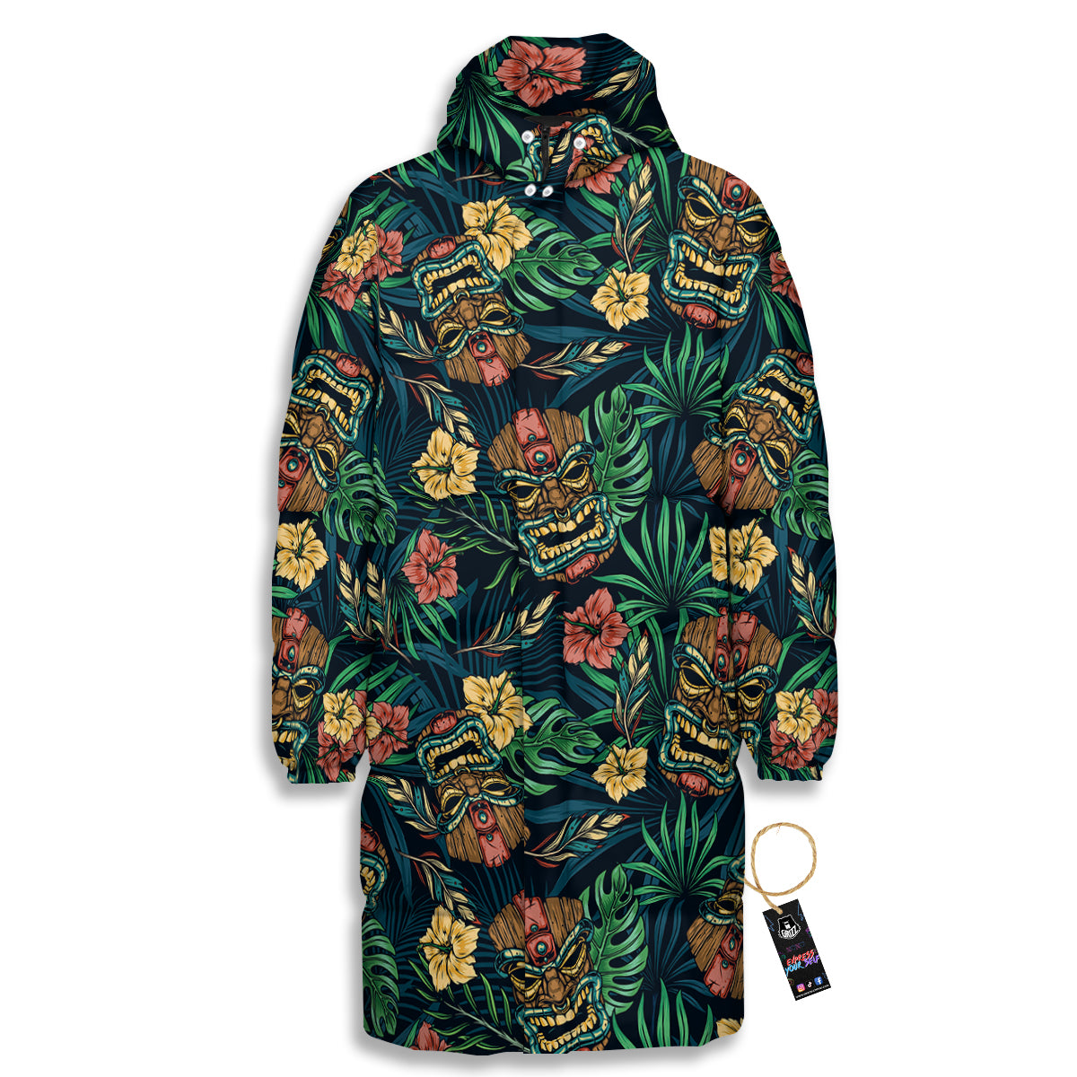 Tiki Tropical Print Pattern Long Down Jacket-grizzshop