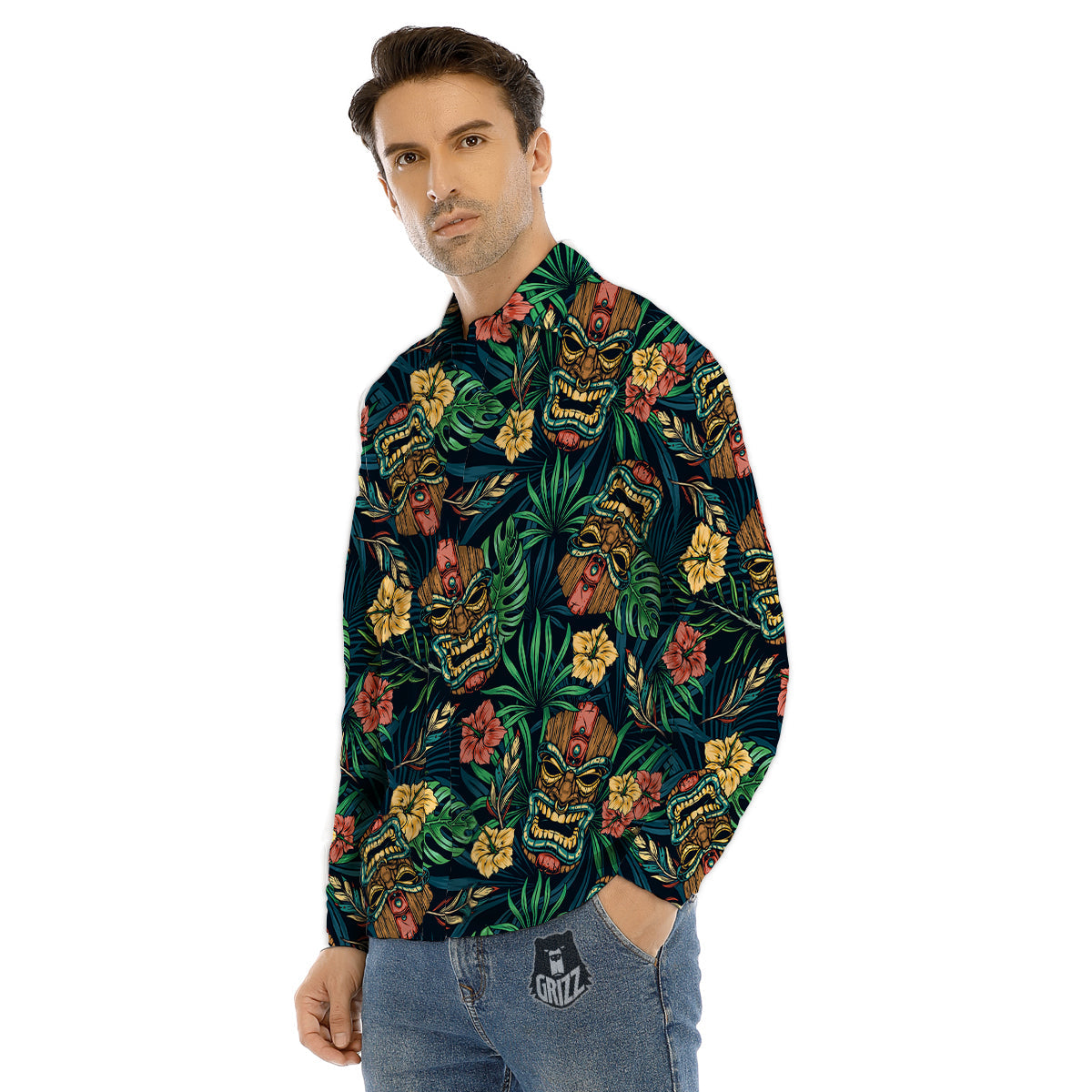Tiki Tropical Print Pattern Men's Dress Shirts-grizzshop