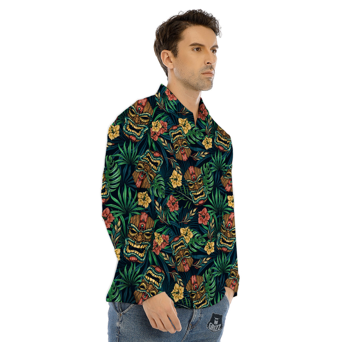 Tiki Tropical Print Pattern Men's Dress Shirts-grizzshop