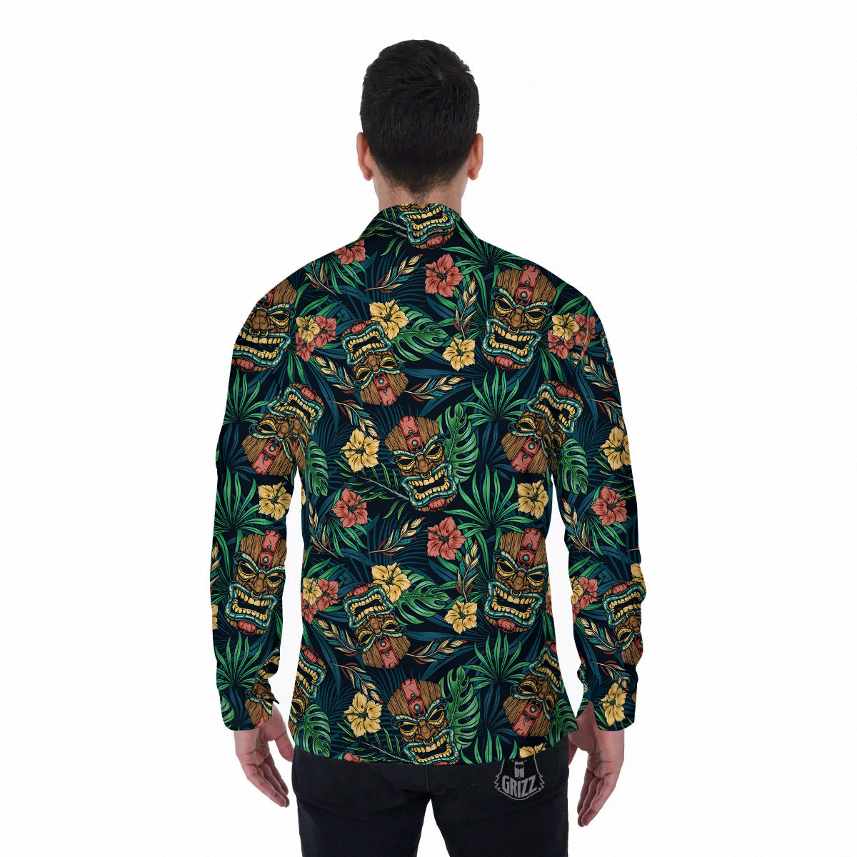 Tiki Tropical Print Pattern Men's Long Sleeve Shirts-grizzshop