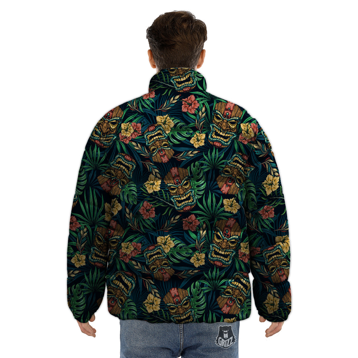 Tiki Tropical Print Pattern Puffer Jacket-grizzshop