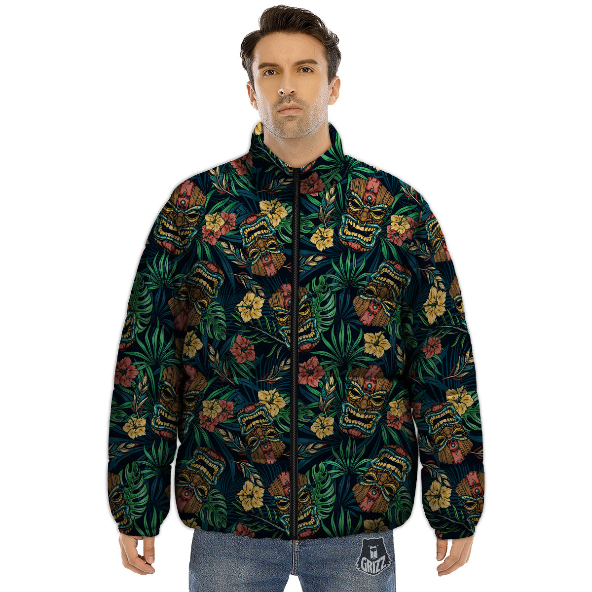 Tiki Tropical Print Pattern Puffer Jacket-grizzshop