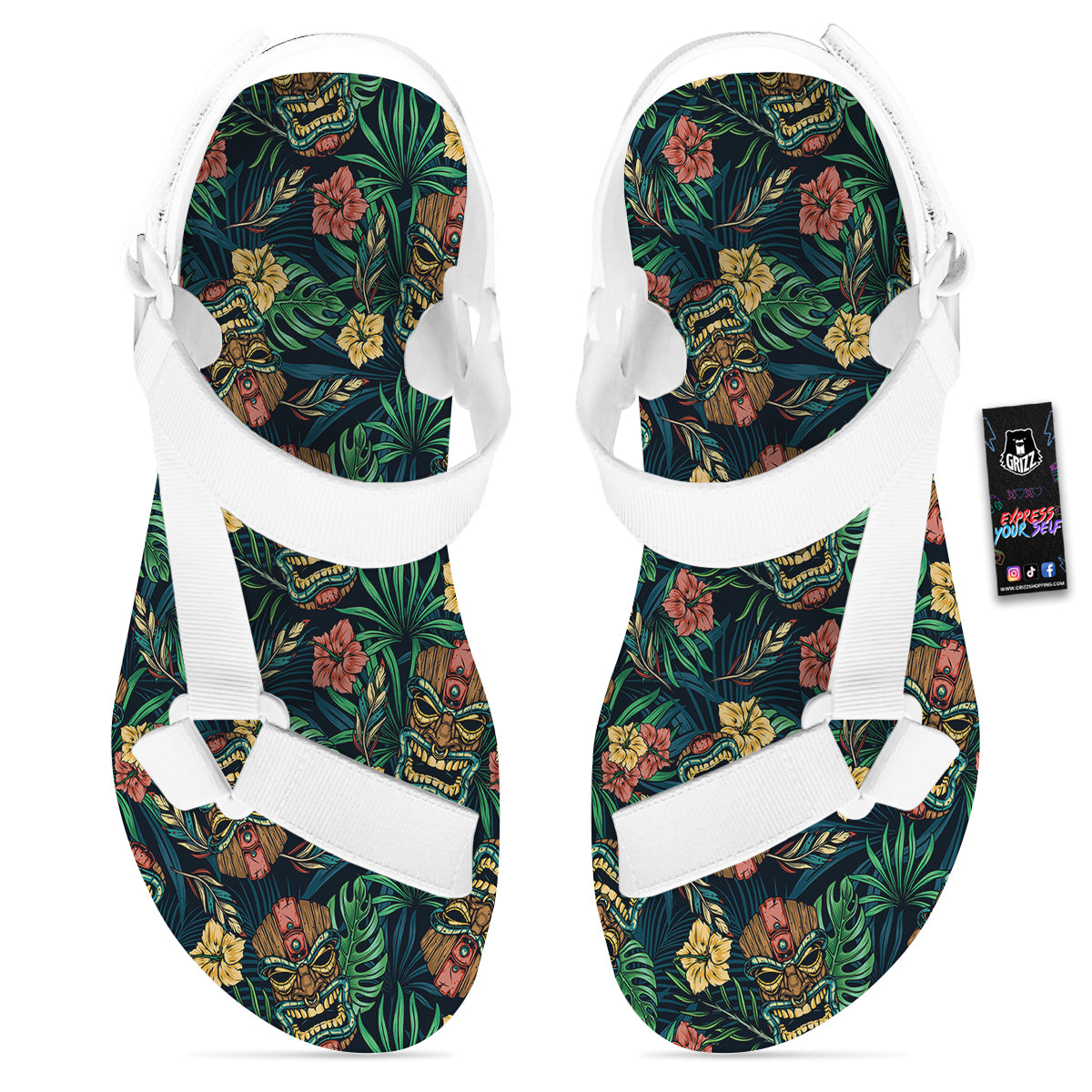 Tiki Tropical Print Pattern White Open Toe Sandals-grizzshop