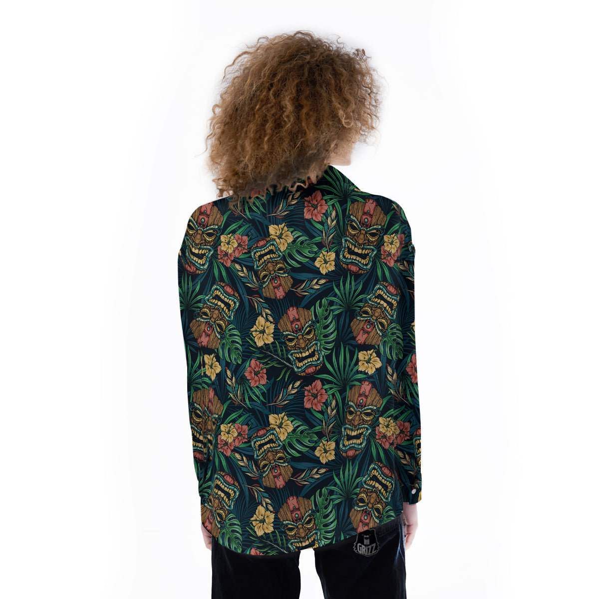 Tiki Tropical Print Pattern Women's Long Sleeve Shirts-grizzshop