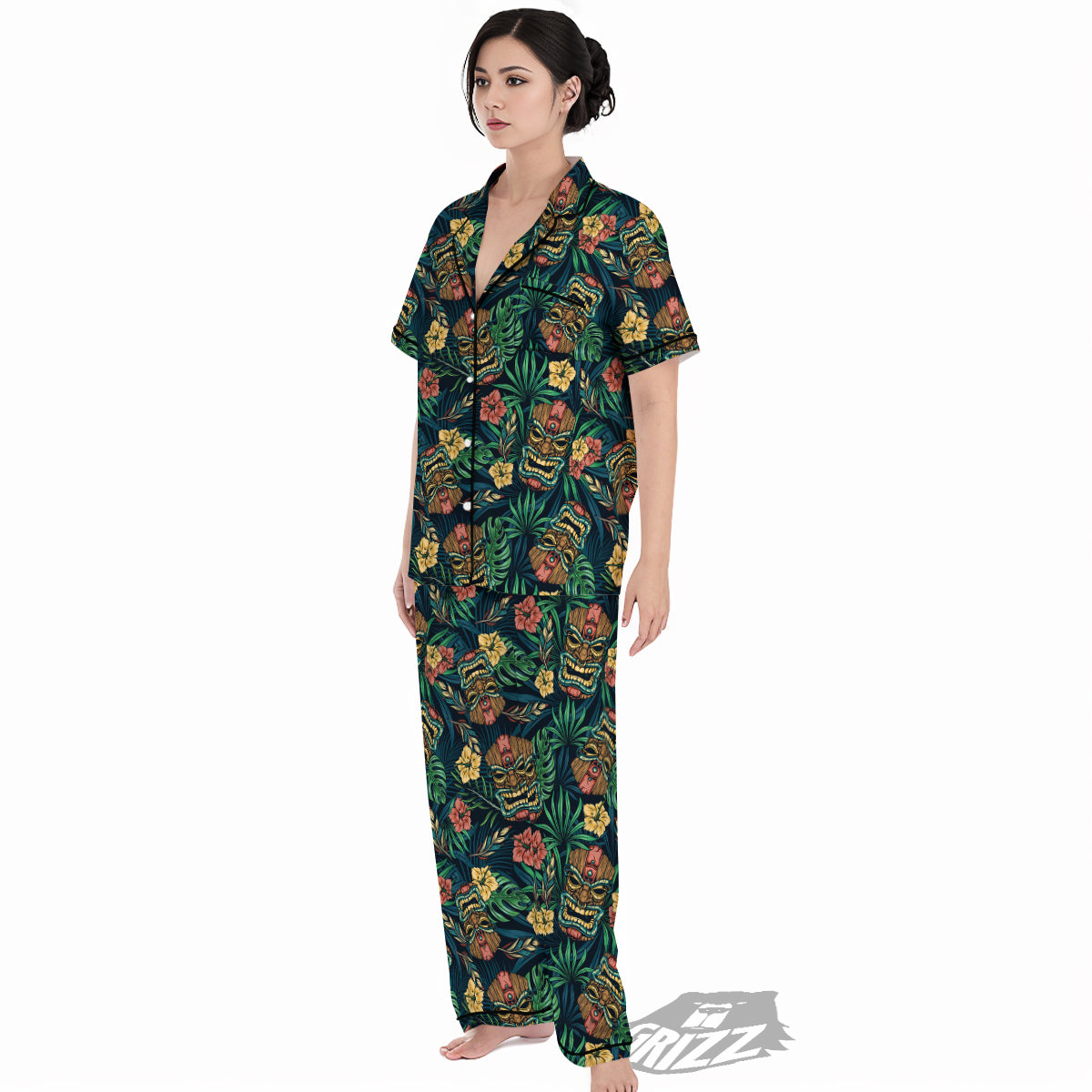 Tiki Tropical Print Pattern Women's Pajamas Set-grizzshop