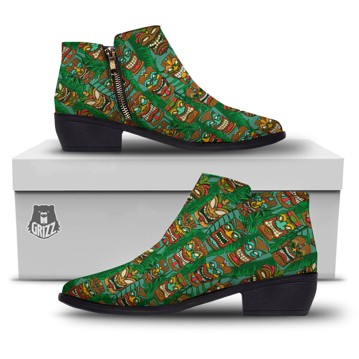 Tiki Wooden Print Pattern Ankle Boots-grizzshop