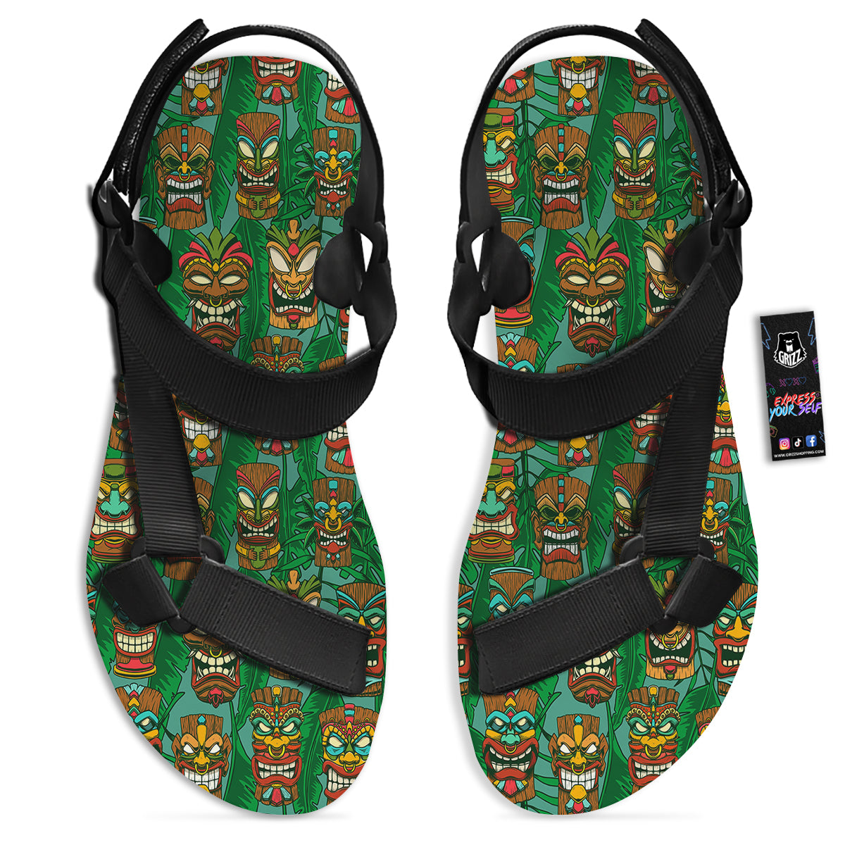 Tiki Wooden Print Pattern Black Open Toe Sandals-grizzshop