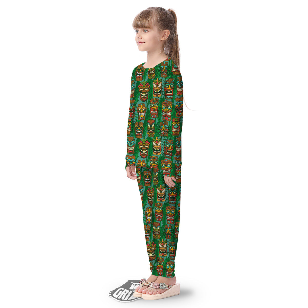 Tiki Wooden Print Pattern Kid's Pajamas-grizzshop