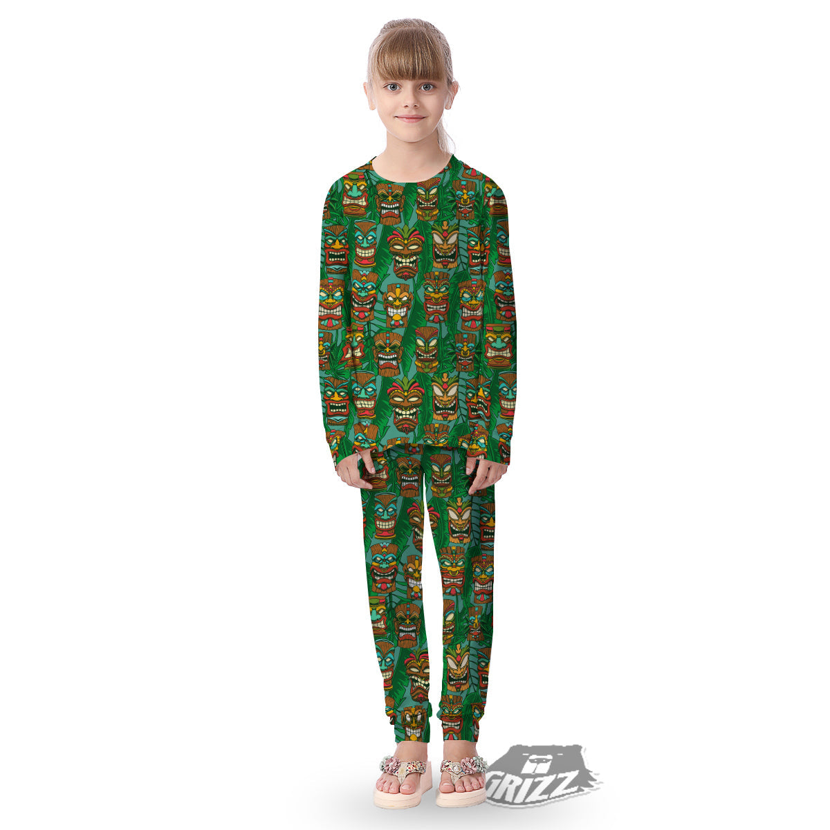 Tiki Wooden Print Pattern Kid's Pajamas-grizzshop