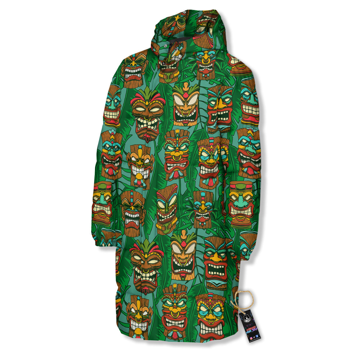 Tiki Wooden Print Pattern Long Down Jacket-grizzshop
