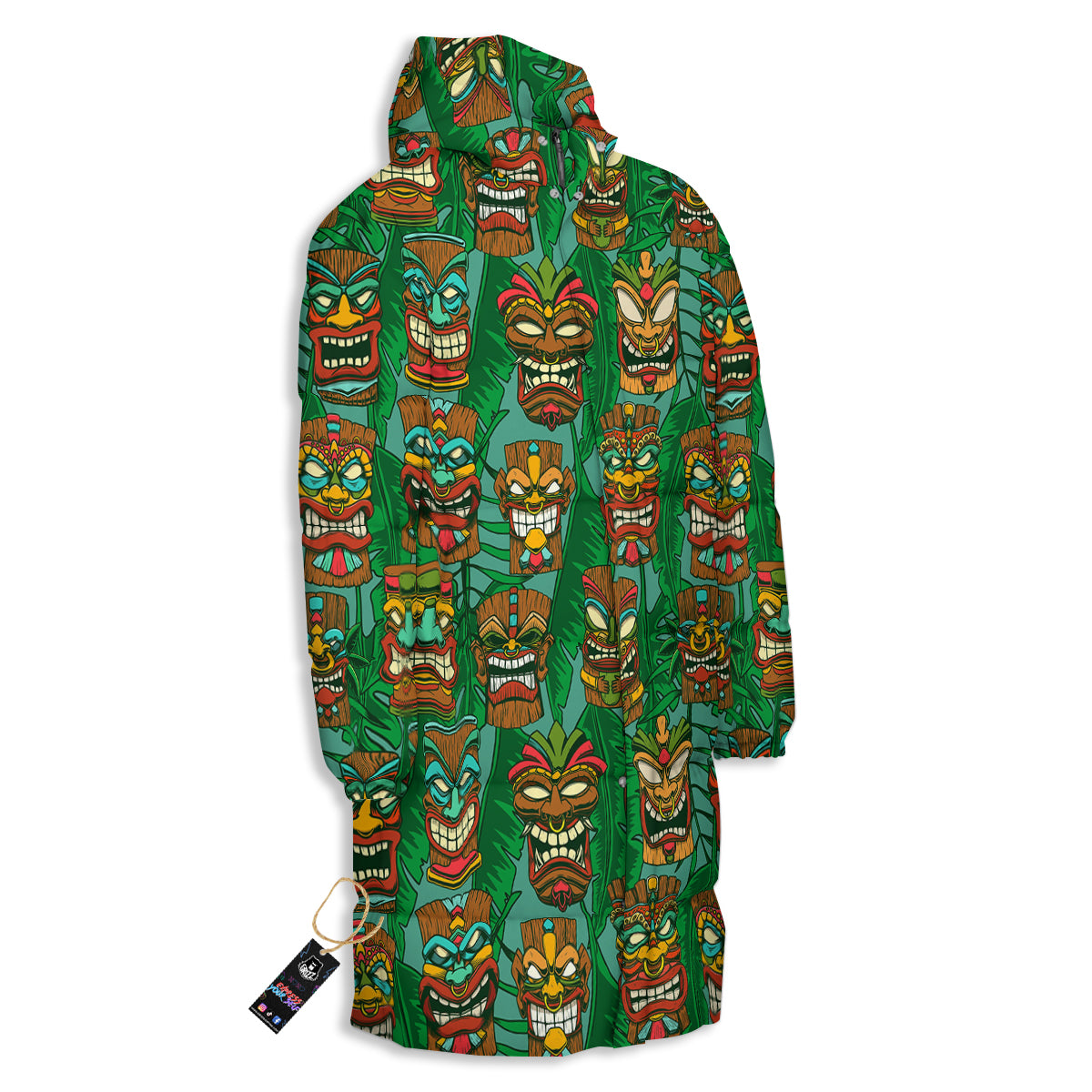 Tiki Wooden Print Pattern Long Down Jacket-grizzshop
