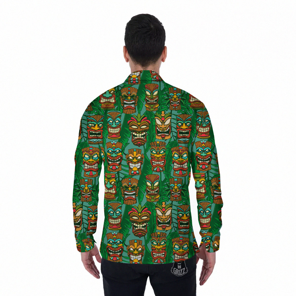 Tiki Wooden Print Pattern Men's Long Sleeve Shirts-grizzshop