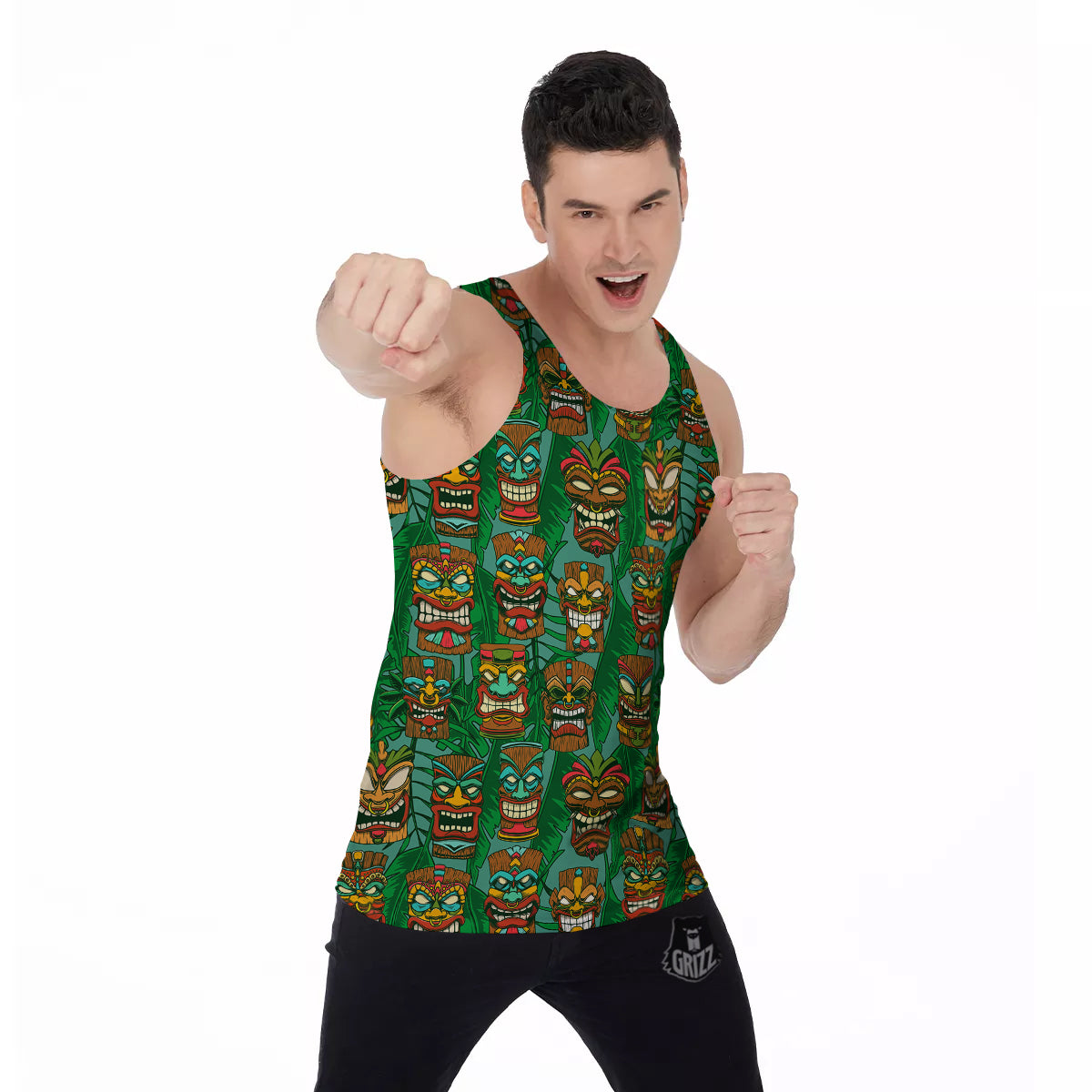 Tiki Wooden Print Pattern Men's Tank Top-grizzshop