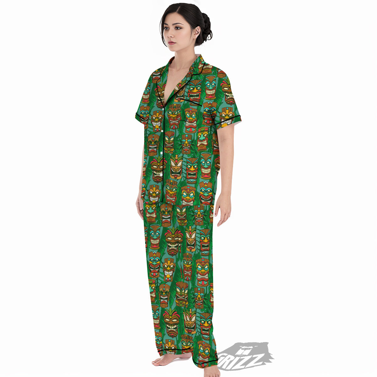 Tiki Wooden Print Pattern Women's Pajamas Set-grizzshop
