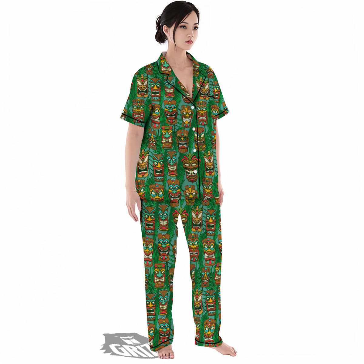 Tiki Wooden Print Pattern Women's Pajamas Set-grizzshop