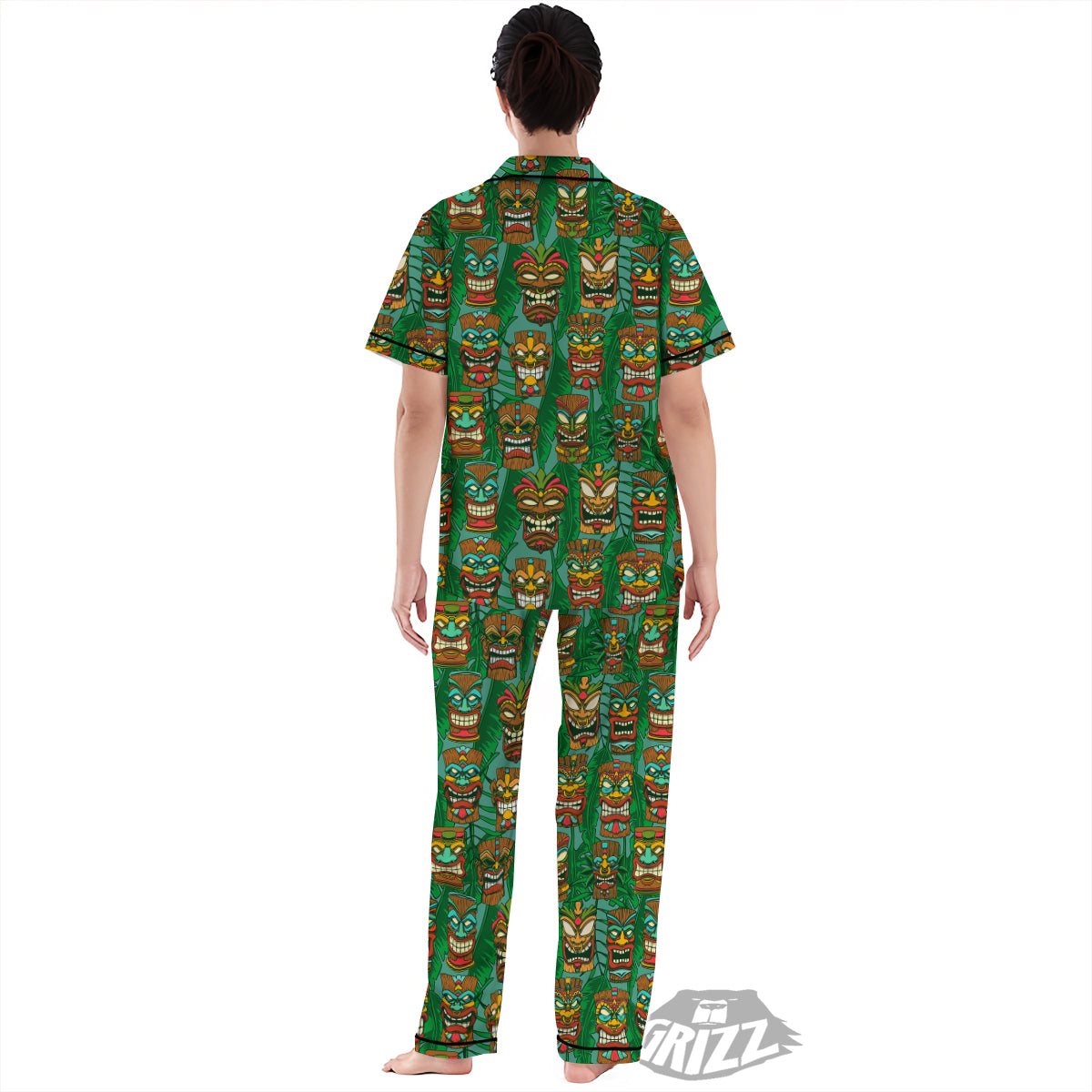 Tiki Wooden Print Pattern Women's Pajamas Set-grizzshop