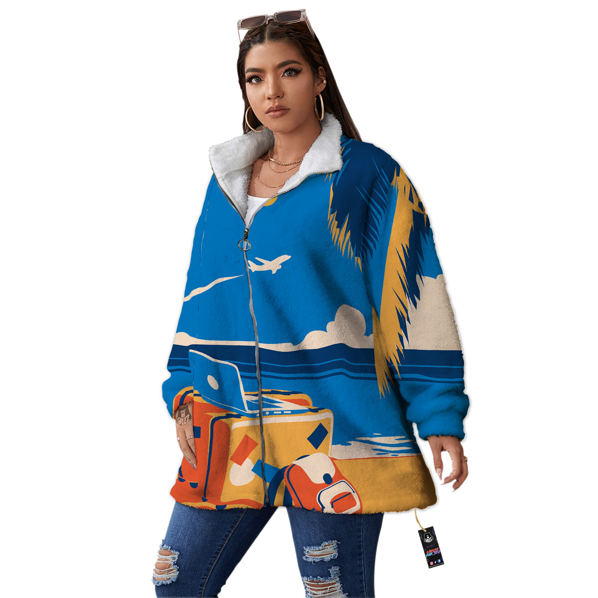 Time To Travel Summer Holiday Print Women's Sherpa Jacket-grizzshop